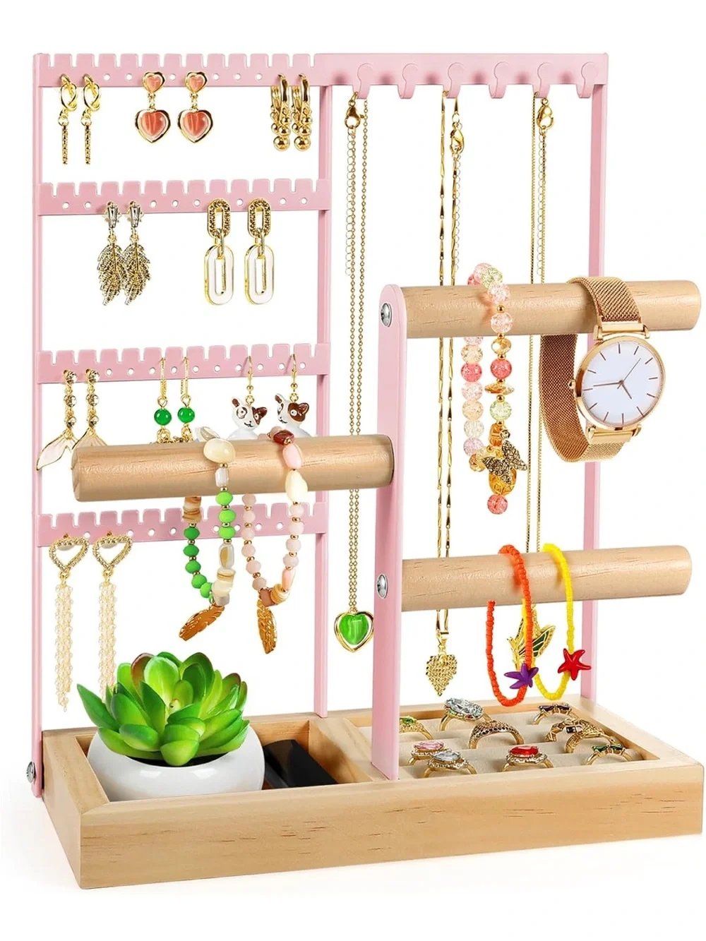 Pink Jewelry Organizer Stand with Ring Holder & Earring Display EUC